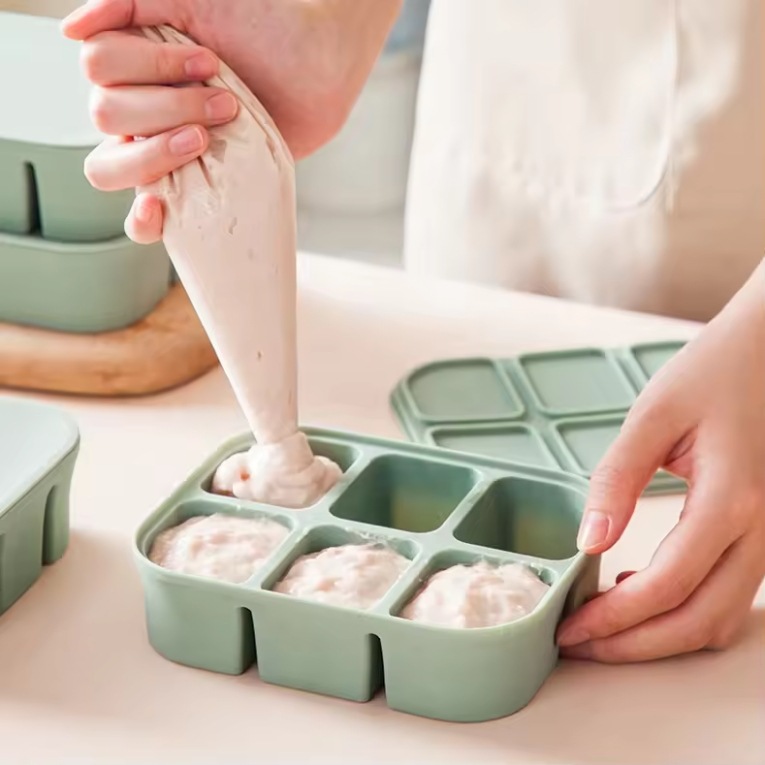 婴幼儿食品级硅胶辅食盒带盖易脱模六格冰格硅胶冰格模具盒